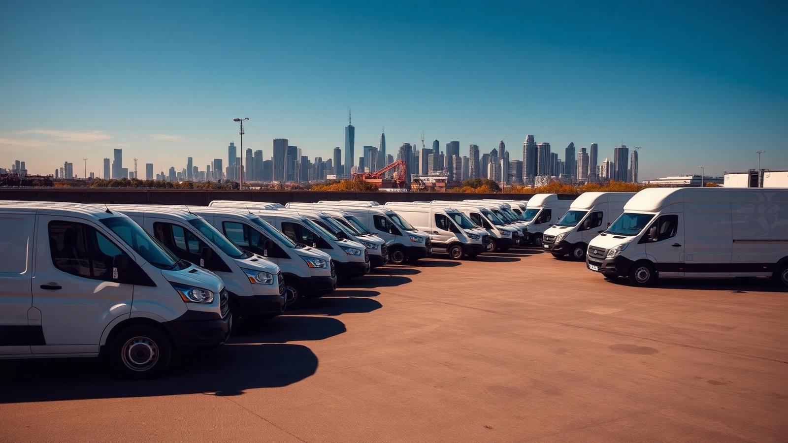 Frota de vans e utilitários brancos estacionados em pátio empresarial